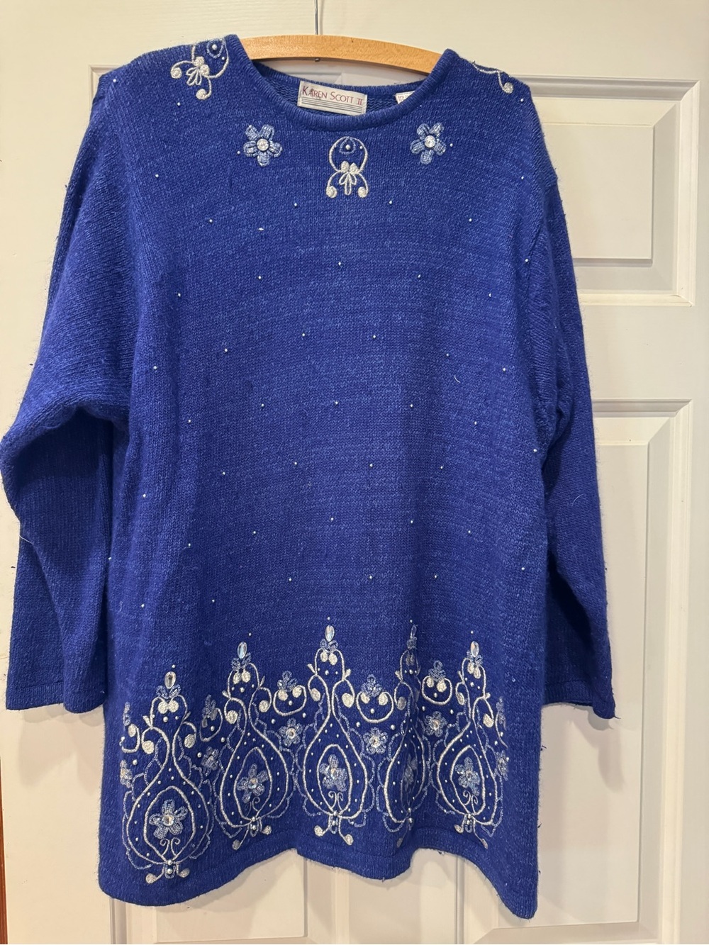 Karen Scott Cobalt Blue Crewneck Sweater with Silver Embellishment